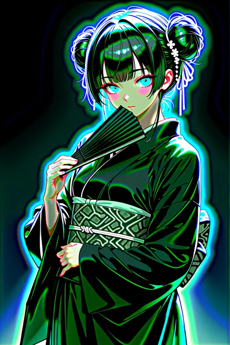 Beautiful cold goth girl wearing a black kimono and holding a black folding fan with short black hair tied into two buns and has beautiful light blue eyes