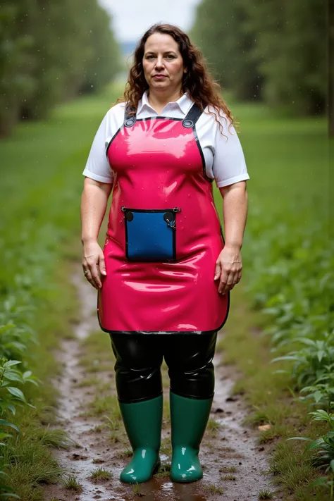 A 74 year old elderly fat woman with long brown hair, the woman stands on a forest path of grass and thick heavy mud, she wears green rubber boots, she wears black latex jeans that are heavy and have red pockets, she wears a heavy thick red shiny rubber le...