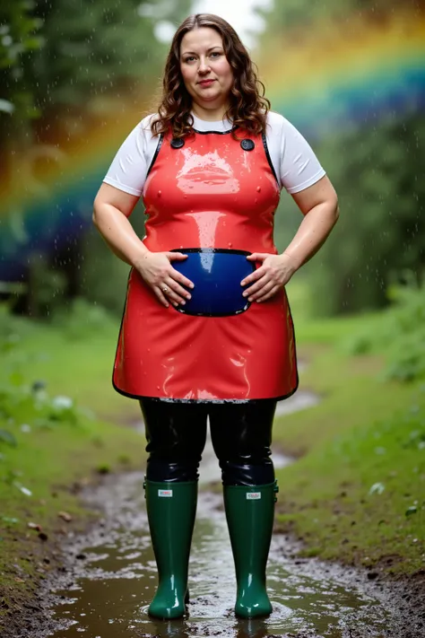 A 74 year old elderly fat woman with long brown hair, the woman stands on a forest path of grass and thick heavy mud, she wears green rubber boots, she wears black latex jeans that are heavy and have red pockets, she wears a heavy thick red shiny rubber le...