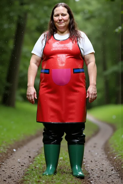 A 74 year old elderly fat woman with long brown hair, the woman stands on a forest path of grass and thick heavy mud, she wears green rubber boots, she wears black latex jeans that are heavy and have red pockets, she wears a heavy thick red shiny rubber le...
