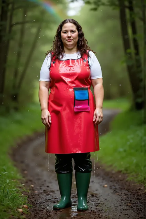 A 74 year old elderly fat woman with long brown hair, the woman stands on a forest path of grass and thick heavy mud, she wears green rubber boots, she wears black latex jeans that are heavy and have red pockets, she wears a heavy thick red shiny rubber le...
