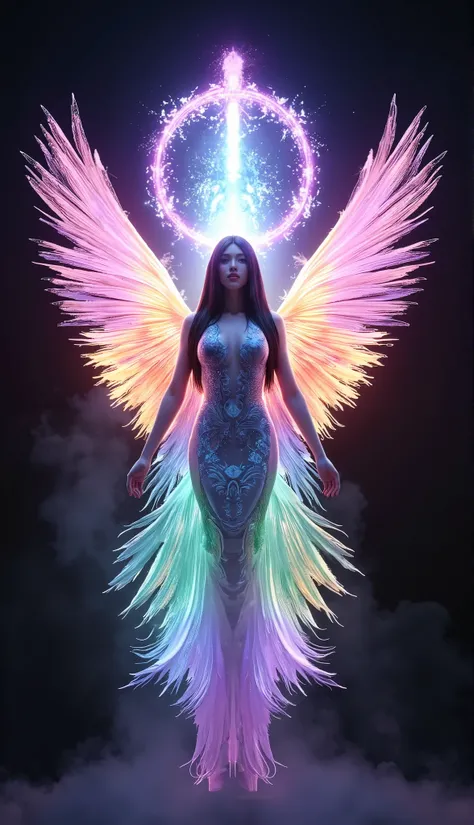 Symmetrical composition goddes ，Front view，Right for me， A colorful liquid phoenix rises from the ashes ，There is a halo behind him， creates a rainbow-colored halo around the head ， creates a rainbow-colored halo around the head ，transparent， on a black ba...
