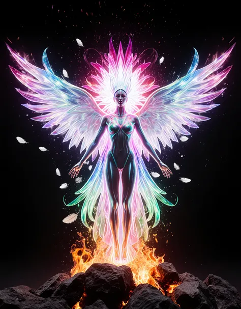 Symmetrical composition goddes ，Front view，Right for me， A colorful liquid phoenix rises from the ashes ，There is a halo behind him， creates a rainbow-colored halo around the head ， creates a rainbow-colored halo around the head ，transparent， on a black ba...
