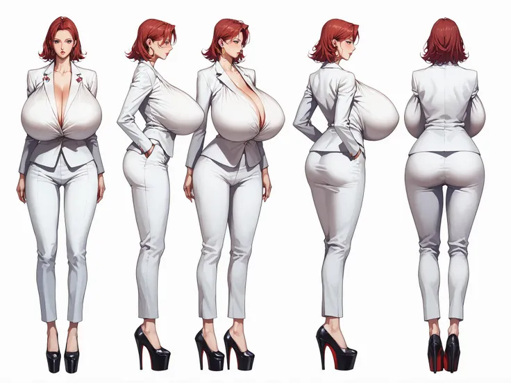 Character sheet, character concept art, white background,simple background, Mature woman, Irish woman with freckles, white skin tone, high cheekbones, middle-parted hair, cut hair, red hair, mid-length hair, big lips, glossy pink lips, tall, curvaceous, wi...