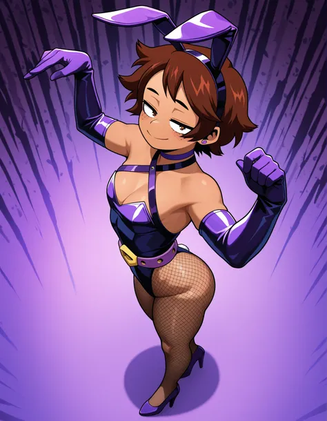 ((Highest Quality)), ((Club background)), (((My Hero Academia Style))), (by day), 1female, female, solo, anime female, ((Luz Noceda)), 1female, mature female, tall body, solo, Medium breast, thighs, hips, dark skinned, full body, My hero academia style, fl...