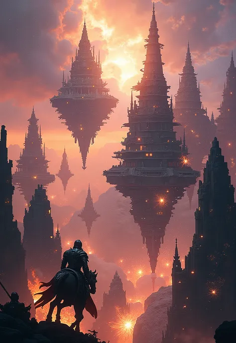 Sky ruins of a lost alien kingdom float in gravity-defying islands, a battle between armored star-knights riding dragon-like space beasts and robotic archangels, vivid explosions of light and magic, epic high fantasy and advanced sci-fi technology combined...