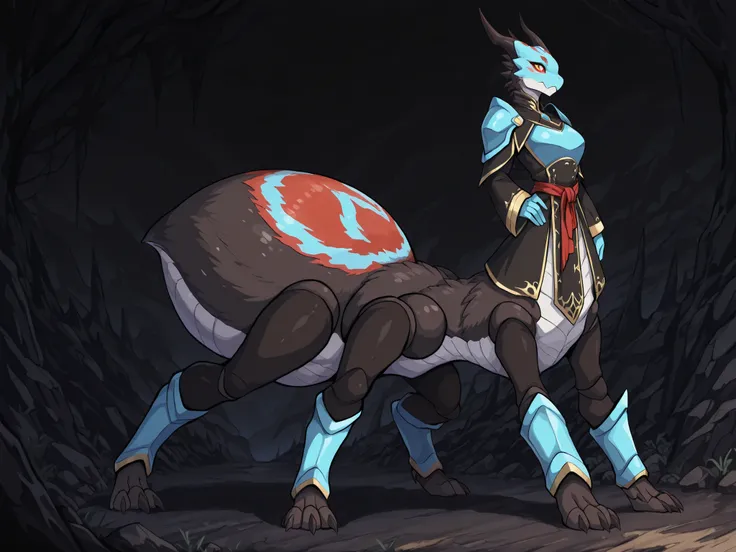 (solo:5.5), best quality, anime style, anime shading, 4k, 8k, ultra highres, masterpiece, large digital painting, epic fantasy concept art, ultra-detailed, comic book illustration, sharp focus, vivid color contrast, full body, blue female anthro dinosaur, ...