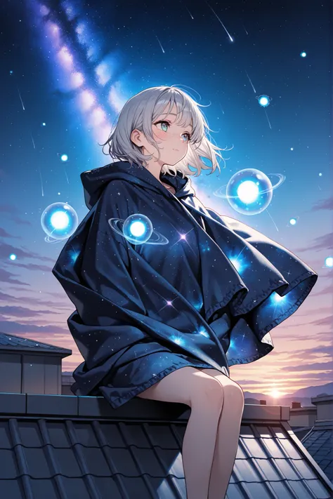 (masterpiece, high resolution), 1girl, a cute teen girl with (silver hair) and (freckles), wrapped in a cozy star-patterned blanket. She is sitting on a rooftop at (twilight), surrounded by (floating, glowing orbs) and (swirling galaxies). The (milky way) ...