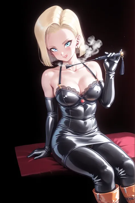 (((sitting cross-legged)))、The:1.3、holding riding crop:1.4、Queen、((( 1 woman)))、(((solo:1.8)))、(((Black Latex Elbow Gloves:1.4)))、(((black latex bustier dress:1.4)))、(((bustier dress, which has an 80 cm long horseback whip in her right hand, is decorated w...