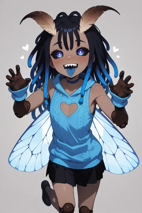 1girl, monster girl, moth girl, moth wings, moth antennae, dark-skin, (dreadlocks), long hair, black hair, IncursioDipDyedHair, indigo blue hairtips, indigo blue eyes, wide eyes, black sclera, insectoid arms, arms joints, blue finger tips, clawed fingers, ...