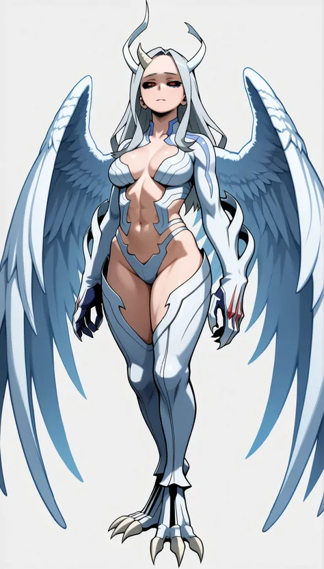 ((Highest Quality)), ((Simple light grey background)), (((My Hero Academia Style))), (by day), 1female, female, mature women, medium breast, thighs, hips, thick shins, solo, Athletic body, standing, (Full Body), eri, long hair, red eyes, grey hair, horns, ...