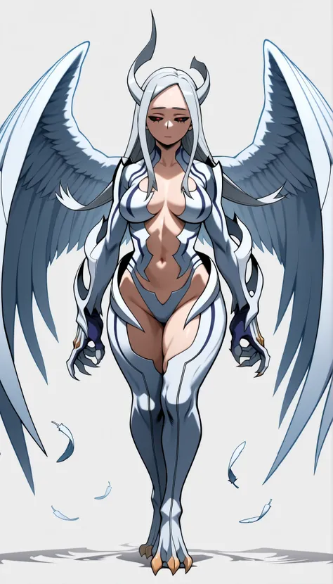 ((Highest Quality)), ((Simple light grey background)), (((My Hero Academia Style))), (by day), 1female, female, mature women, medium breast, thighs, hips, thick shins, solo, Athletic body, standing, (Full Body), eri, long hair, red eyes, grey hair, horns, ...