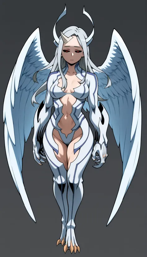 ((Highest Quality)), ((Simple light grey background)), (((My Hero Academia Style))), (by day), 1female, female, mature women, flat breast, thighs, hips, thick shins, solo, Athletic body, standing, (Full Body), eri, long hair, red eyes, grey hair, horns, si...