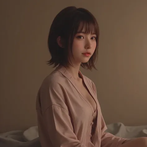 A short-haired Japanese woman in pajamas with shorts, side profile, sitting on the edge of a bed in a dimly lit room at night, soft warm lighting, relaxed posture, cinematic composition, photorealistic, realistic lighting, high detail, emotional and quiet ...