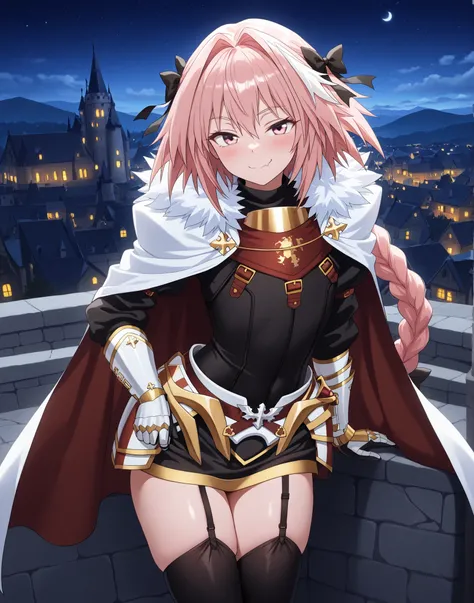 (masterpiece) ,best quality,amazing quality,very aesthetic,absurdres,newest, Best quality), (Masterpiece), ,)), 1girll,l,Solo, castle village, nighttime, EPfaAstolfo,Femboy,trap,seductive expression, astolfo, long hair, pink eyes, hair ribbon, pink hair, b...