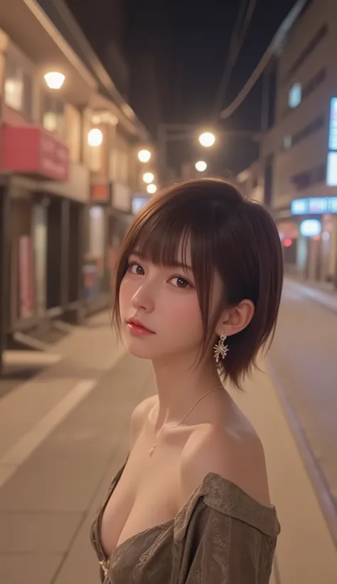 A short-haired Japanese woman walking through a quiet city street late at night, side shot, side view, side profile, on her way home, wearing an elegant dress with earrings and a necklace, soft warm street lighting, cinematic atmosphere, photorealistic, re...