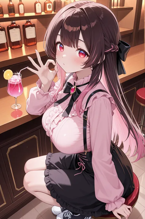 masterpiece, Highest Quality, complicated details, high resolution, solo, girl,
Little girl, young, large breast,
dark brown hair, Pink hair tips, straight hair, long hair,
Deep red eyes, tareme, narrow eyes,
jiraikei, minefield fashion, pink and bla...