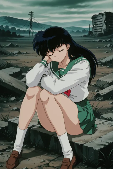 masterpiece,best quality,amazing quality, higurashikagome, masterpiece, best quality, amazing quality,, kagome higurashi, long hair, black hair, retro artstyle, brown eyes, anime screencap, skirt, shirt, long sleeves, school uniform, white shirt, pleated s...