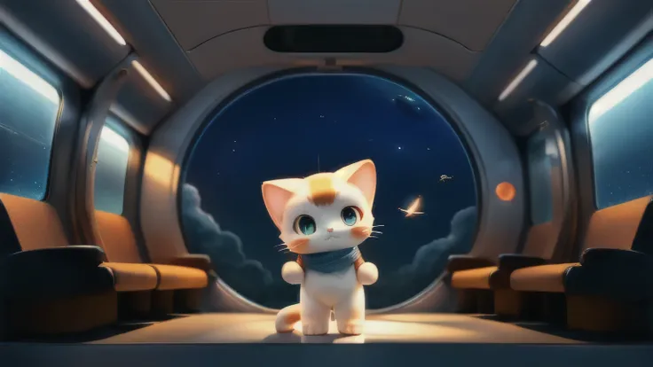 A futuristic train that flies through space、planet、cute cat standing in front of a train