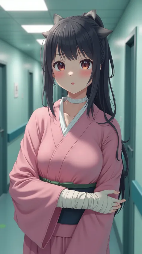 For high-definition footage, see、cat girl getting into a traffic accident、fractured her left arm in the hospital hallway and her left arm wrapped round and round with a bandage hanging it from her neck、Stunned 、wearing a pink kimono、Full body high definiti...