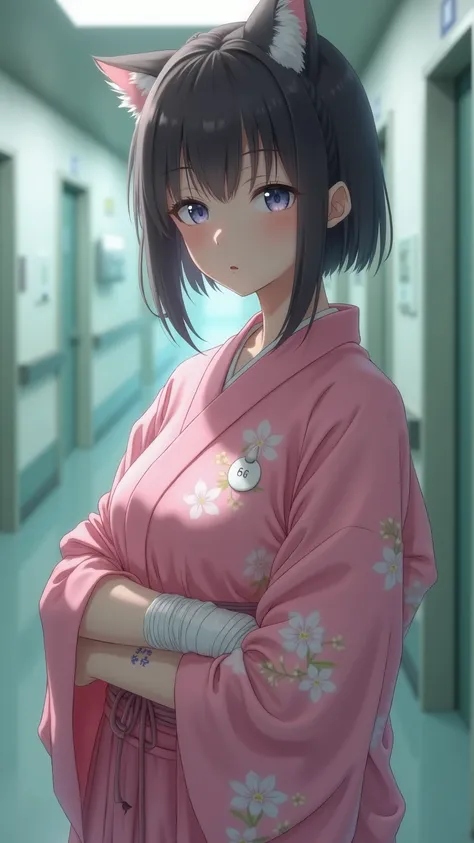 For high-definition footage, see、cat girl getting into a traffic accident、fractured her left arm in the hospital hallway and her left arm wrapped round and round with a bandage hanging it from her neck、Stunned 、wearing a pink kimono、Full body high definiti...