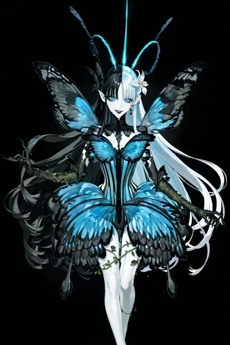 (SPLIT-COLOR HAIR,MIX OF BLACK AND WHITE HAIR,) Dark faèrie-girl. She has an asthenic skinny flat-chested physique, she has long elegant swan neck,clawed six-fingered limbs,long pointy ears. She has huge sharp pitch black butterfly wings. She has elegant c...
