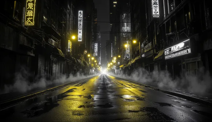 A wide neon-lit street at night, inspired by Sin City style. Wet asphalt reflecting yellow streetlights, rising mist, tall modern buildings with glowing windows, dim alleyways, flickering signs. Smoke drifts across the scene, atmosphere tense and cinematic...