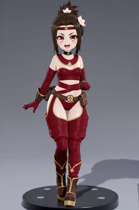 Azula , amber eyes . wavy dark brown hair strands above her shoulders. short hair. small breasts. huge hips. choker. | score_9, score_8_up, score_7_up, faux figurine, nendoroid, full body, figure, platform, solo, Anime, 1girl, chibi, bheadband, edgWrap,br...