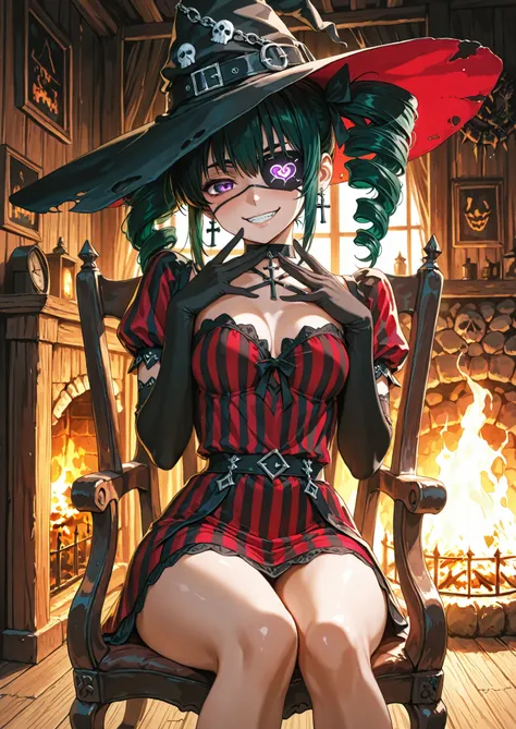 1girl, solo, evil witch, crazy insane grin, two drills hair, dark green hair, glowing purple eyes, red and black striped dress, black elbow glove, short dress, cross shaped earrings, witch hat, cursed eyepatch, choker, naturally sagging medium breasts, s...