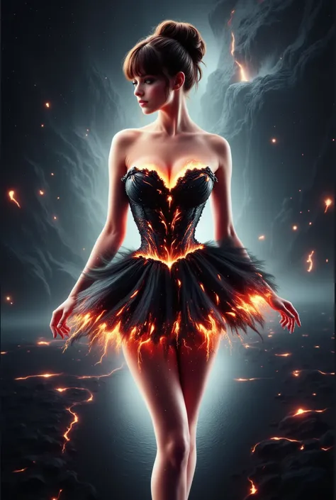A cute fantasy girl gigantic breast in a volcanic landscape, with fiery butterfly wings glowing from molten lava and trails of embers. She wears a strapless dress with a V-cut, long, flowing skirt that resembles magma veins and the texture of volcanic rock...