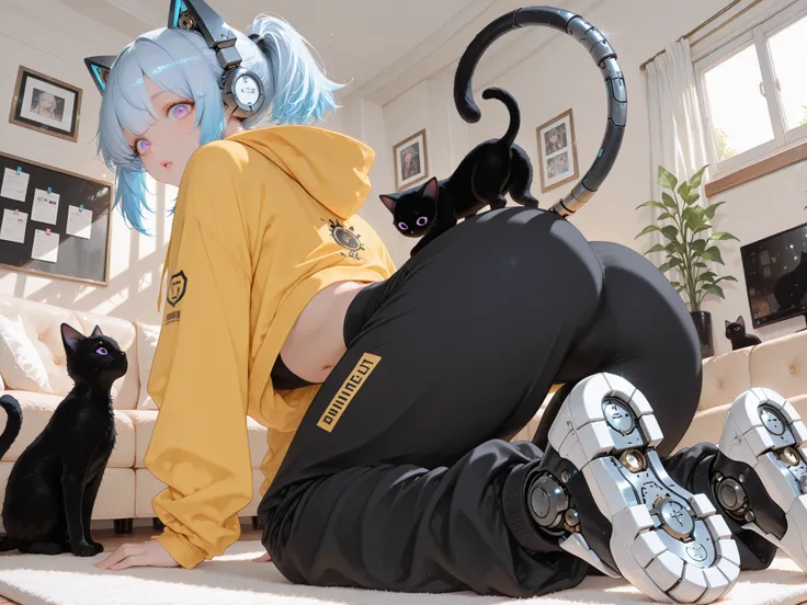 score_9,masterpiece, best quality,1girl,young,16yo,mechanical girl,humanoid,cute,kawaii,bishojo,mechanical cat ears,big eyes,tareme,eyes detail,bright purple eyes,round eyes,parted lips,surprised expression,short hair,ponytail,white to blue hair,
BREAK
l...