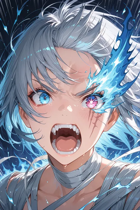 masterpiece, best quality, amazing quality, fantasy style, (close-up portrait of a beautiful girl), the bandages wrapped around her face, the bandages burning blue and scattering, revealing her face, expression of intense fury, Open mouth, shouting, (scar ...