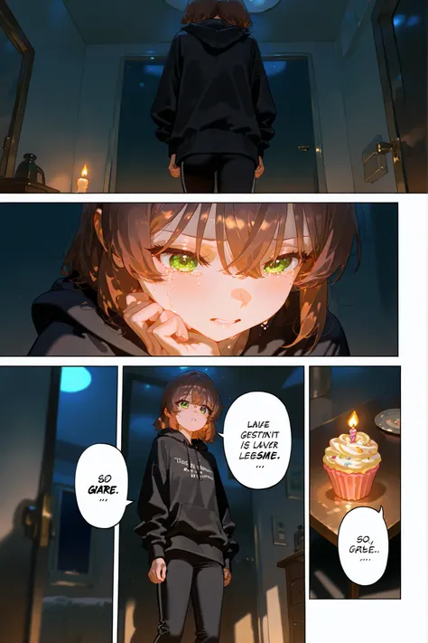 (comic,speech bubble,english text,comic_manga,) A girl with green eyes and short dark brown hair. She is wearing a black hoodie and sweatpants. In the background, the interior of an uncleaned apartment is littered with garbage, at night, there is no light ...