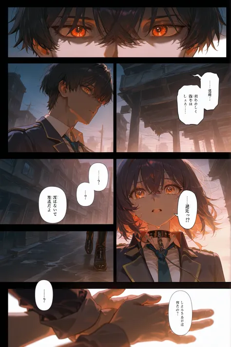 (comic,comic_manga,) Anime dark manga style,drama. The apocalypse is an abandoned city filled with zombies.  A lonely sad dirty dog in a collar sits in the middle of a ruined street. the dog is waiting for his beloved host. Dog crying with grief.