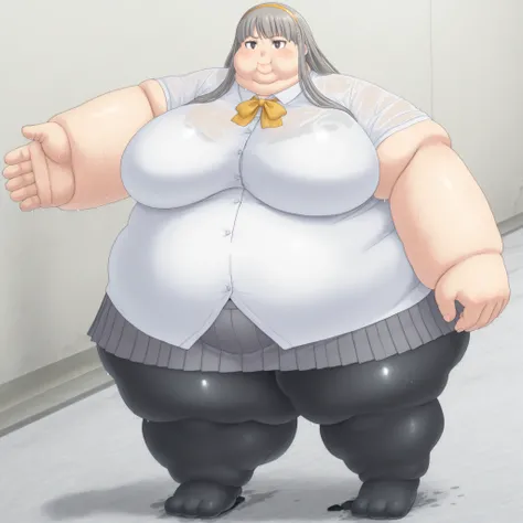 misonoinori,1girl,solo,pantyhose,long hair,hairband,skirt,school grey hair,black pantyhose,pleated skirt,smile,black eyes, blank_stare, empty_stare,  fat, chubby, obese, gigantic arms and legs, large breasts, sweating, wet body, swollen face, Fat_neck , Fa...