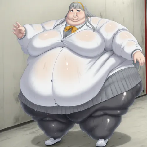 misonoinori,1girl,solo,pantyhose,long hair,hairband,skirt,school grey hair,black pantyhose,pleated skirt,smile,black eyes, blank_stare, empty_stare,  fat, chubby, obese, gigantic arms and legs, large breasts, sweating, wet body, swollen face, Fat_neck , Fa...