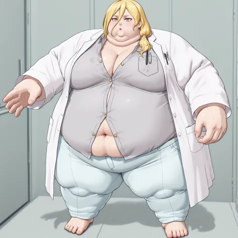 La_Monica
1girl, solo, blonde hair, long hair, side ponytail, hair between eyes,
hair tie, white hair tie,
lab coat, white lab coat, shirt, gray shirt, shirt with golden buttons, unbuttoned shirt, light blue pants, chest pocket, pen in chest pocket, blank_...