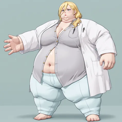 La_Monica
1girl, solo, blonde hair, long hair, side ponytail, hair between eyes,
hair tie, white hair tie,
lab coat, white lab coat, shirt, gray shirt, shirt with golden buttons, unbuttoned shirt, light blue pants, chest pocket, pen in chest pocket, blank_...