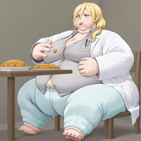 La_Monica
1girl, solo, blonde hair, long hair, side ponytail, hair between eyes,
hair tie, white hair tie,
lab coat, white lab coat, shirt, gray shirt, shirt with golden buttons, unbuttoned shirt, light blue pants, chest pocket, pen in chest pocket, blank_...