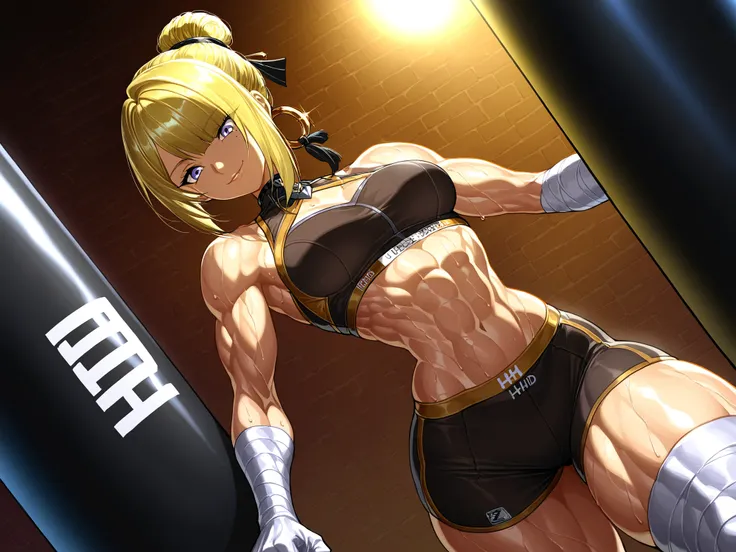 Evelyn Chevalier (zenless zone zero) a beautiful young woman  in a boxing gym, leaning against a large yellow punching bag, wearing a black and gold sports bra with the name "ZZZ" on it, and white bandage gloves. muscular girl with a bandage all over her b...