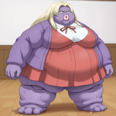 colored skin, lips, thick lips, pokemon (creature), no humans, long hair, blonde hair, black eyes, dress, red dress, purple skin, 1girl, white shirt, school uniform, brown eyes, skirt, breasts, blonde hair, purple jacket, blank_stare, empty_stare,  fat, ch...