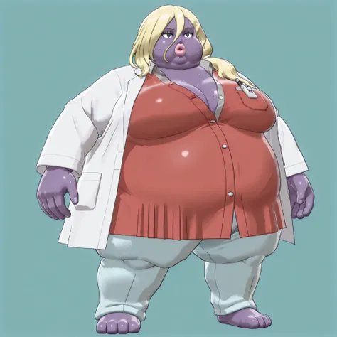 colored skin, lips, thick lips, pokemon (creature), no humans, long hair, blonde hair, black eyes, dress, red dress, purple skin, La_Monica
1girl, solo, blonde hair, long hair, side ponytail, hair between eyes,
hair tie, white hair tie,
lab coat, white lab...