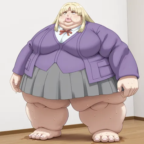 Lips, thick lips, pokemon (creature), no humans, 1girl, white shirt, school uniform, brown eyes, skirt, breasts, blonde hair, purple jacket, blank_stare, empty_stare,  fat, chubby, obese, gigantic arms and legs, large breasts, sweating, wet body, swollen f...