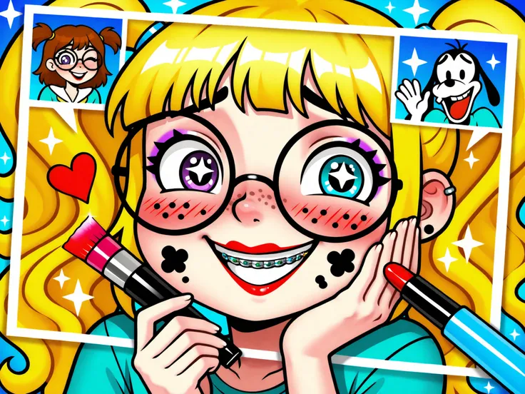 cartoon girl, braces, acne, pimples, freckles, large glasses, round glasses, shiny teeth, big smile, cartoon eyes, sparkling eyes, purple eyes, blue eyes, blonde hair, curly hair, wavy hair, long hair, yellow hair, blushing cheeks, happy expression, excite...