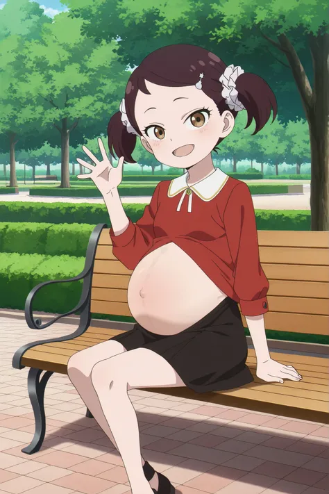 newest, anime coloring, anime screencap, Becky Blackbell,  full body, outdoors, park, park bench, sitting on bench, waving, looking at viewer, pregnant, pregnancy, pregnant belly, small breasts, solo, 1girl, character alone. Red blouse, black skirt, fetal ...