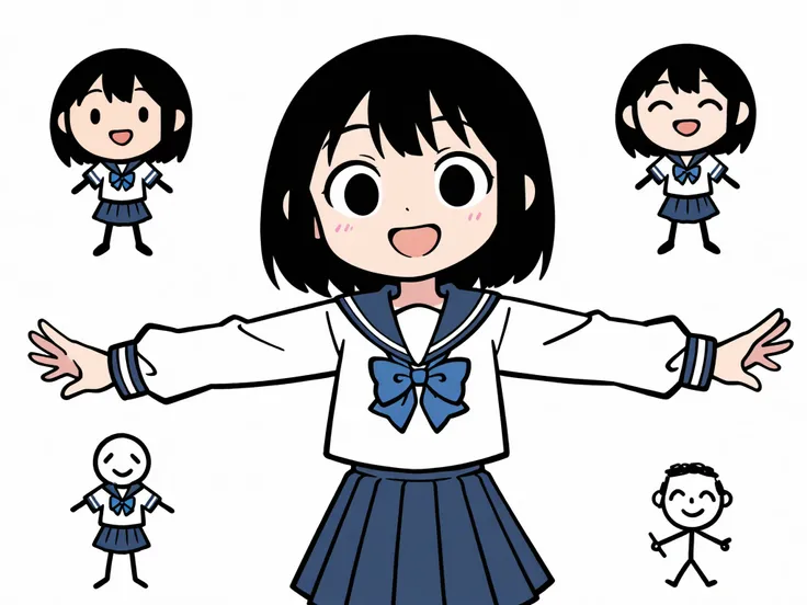 chibi character, simple drawing, stick figure style, anime style, school uniform, sailor uniform, blue ribbon, blue bow, pleated skirt, navy skirt, white blouse, long sleeves, short hair, black hair, straight hair, shoulder length hair, smiling character, ...