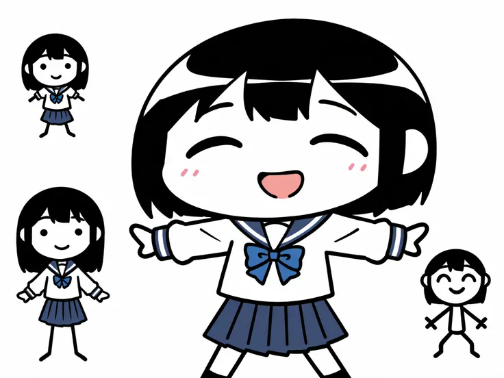 chibi character, simple drawing, stick figure style, anime style, school uniform, sailor uniform, blue ribbon, blue bow, pleated skirt, navy skirt, white blouse, long sleeves, short hair, black hair, straight hair, shoulder length hair, smiling character, ...