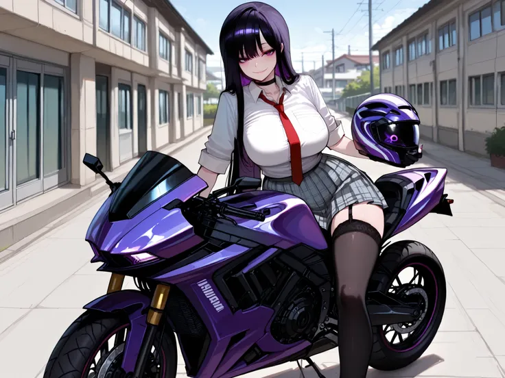 1girl, solo, anime girl, onee-san, masterpiece, aesthetic, very long hair, black hair, no hairpin, purple eyes, sharp eye outlines, long eyelashes, looking at viewer, smile, makeup, big breasts, school uniform, white blouse, rolled up sleeve, open collar, ...