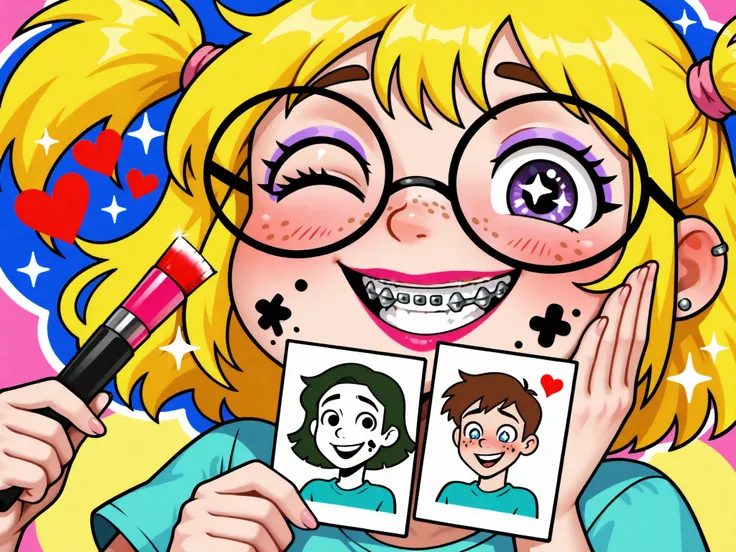 cartoon girl, braces, acne, pimples, freckles, large glasses, round glasses, shiny teeth, big smile, cartoon eyes, sparkling eyes, purple eyes, blue eyes, blonde hair, curly hair, wavy hair, long hair, yellow hair, blushing cheeks, happy expression, excite...