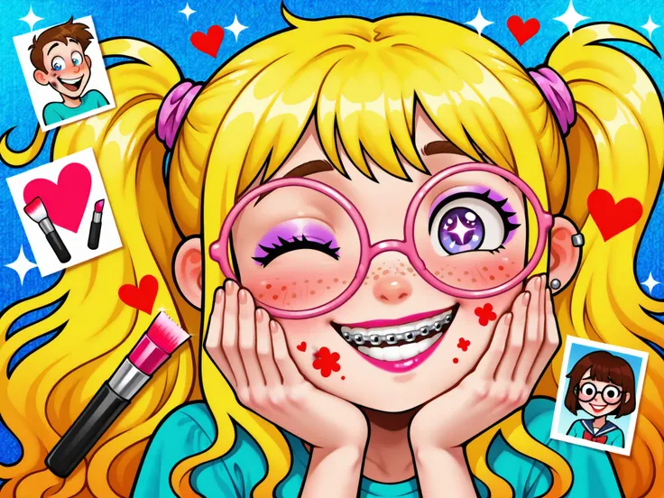 cartoon girl, braces, acne, pimples, freckles, large glasses, round glasses, shiny teeth, big smile, cartoon eyes, sparkling eyes, purple eyes, blue eyes, blonde hair, curly hair, wavy hair, long hair, yellow hair, blushing cheeks, happy expression, excite...